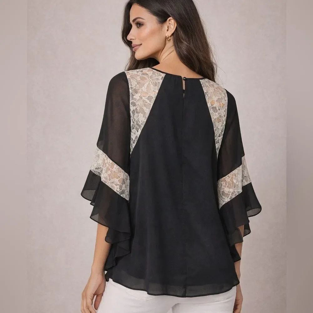 VENUS Black Lace Overlay Ruffle Sleeve Blouse | Sheer Chiffon Top | Medium